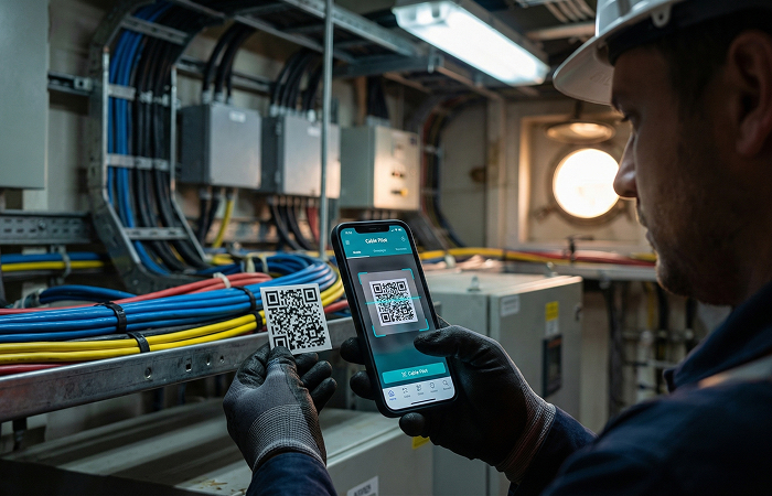 Skilled worker utilizing mobile electrical reporting and QR code tracking to perform real-time data capture of cable installation progress.
