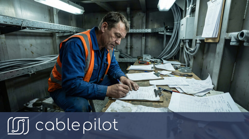 Skilled electrician managing manual paperwork in a shipyard, illustrating high administrative overhead reduction needs and the daily challenge of reporting waste elimination in electrical installations.