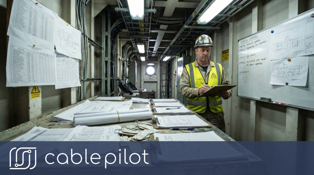 Manual paper-based shipbuilding monitoring showing cluttered spreadsheets and drawings for electrical installation tracking before data integration.