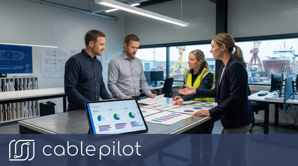 Shipbuilding supervisor using a tablet for bottleneck detection and progress tracking during on-site electrical installation monitoring.