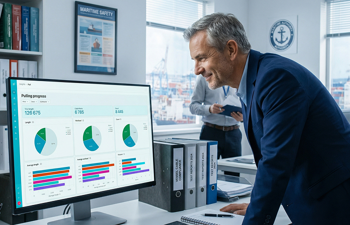 Maritime classification society inspector verifying class society compliance by reviewing an immutable audit trail with timestamped digital signatures on a digital workstation.