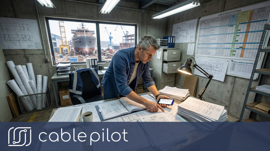 Shipyard project manager struggling with manual shipbuilding audit preparation using scattered paper records and handwritten cable lists before implementing a compliance automation system.