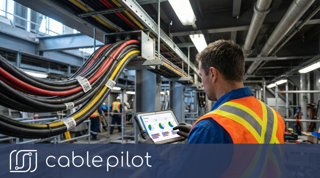 Electrical technician capturing real-time test records and digital traceability records on a tablet in an active shipyard to ensure immutable audit trails for cable installations.