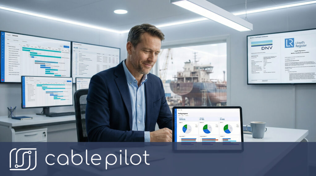 Quality director using Cable Pilot for handover acceleration by managing digital compliance documentation through an organized dashboard in a modern shipyard control room.