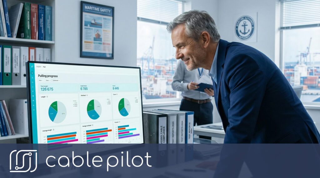 Maritime classification society inspector verifying class society compliance by reviewing an immutable audit trail with timestamped digital signatures on a digital workstation.