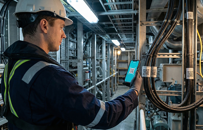 Shipyard electrician performing field data capture by scanning QR-coded cables for mobile reporting and real-time updates.