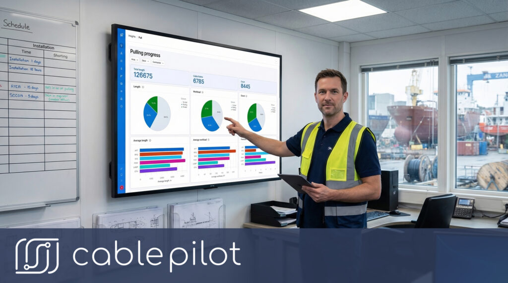 Shipyard Project Manager reviewing real-time updates on a digital dashboard to optimize shipyard efficiency and electrical workflow progress.