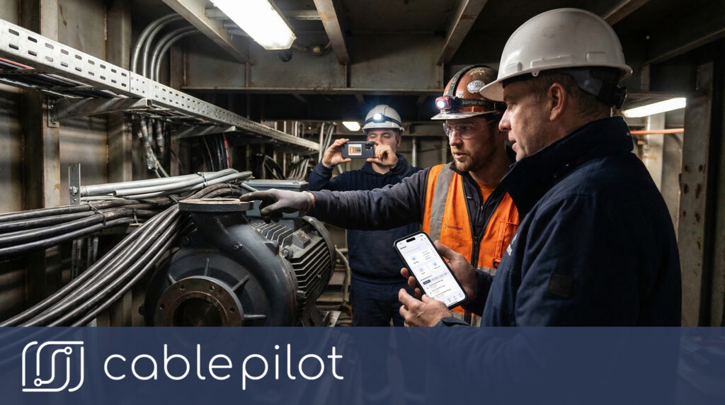 Professional team using mobile reporting for blocker logging to identify and eliminate electrical installation delays in a ship compartment.