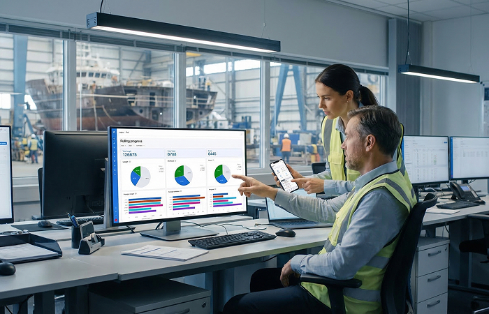 Project managers using a contractor collaboration system and digital workflow automation dashboard for efficient shipbuilding coorination.