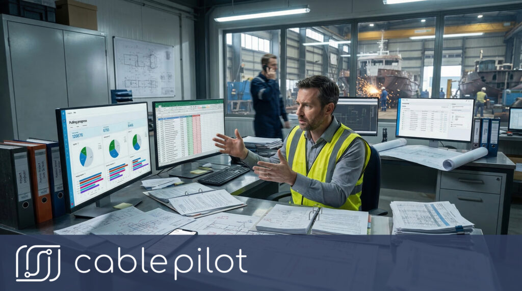 A shipyard project manager struggling with fragmented documents and data silos elimination in complex electrical installation management.