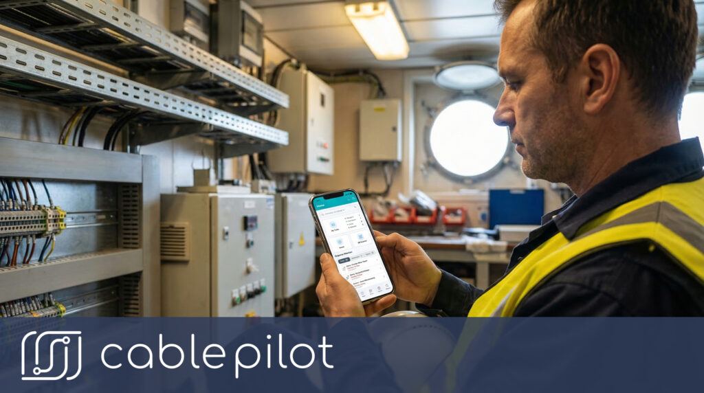 An electrical supervisor accessing a single source of truth for cable data on a mobile cable tracking platform and documentation management platform.