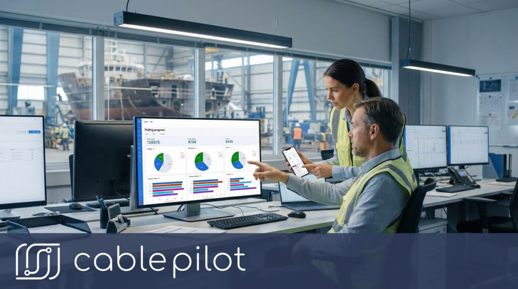 Project managers using a contractor collaboration system and digital workflow automation dashboard for efficient shipbuilding coordination.