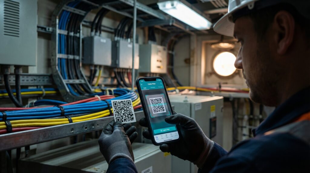 Skilled worker utilizing mobile electrical reporting and QR code tracking to perform real-time data capture of cable installation progress.