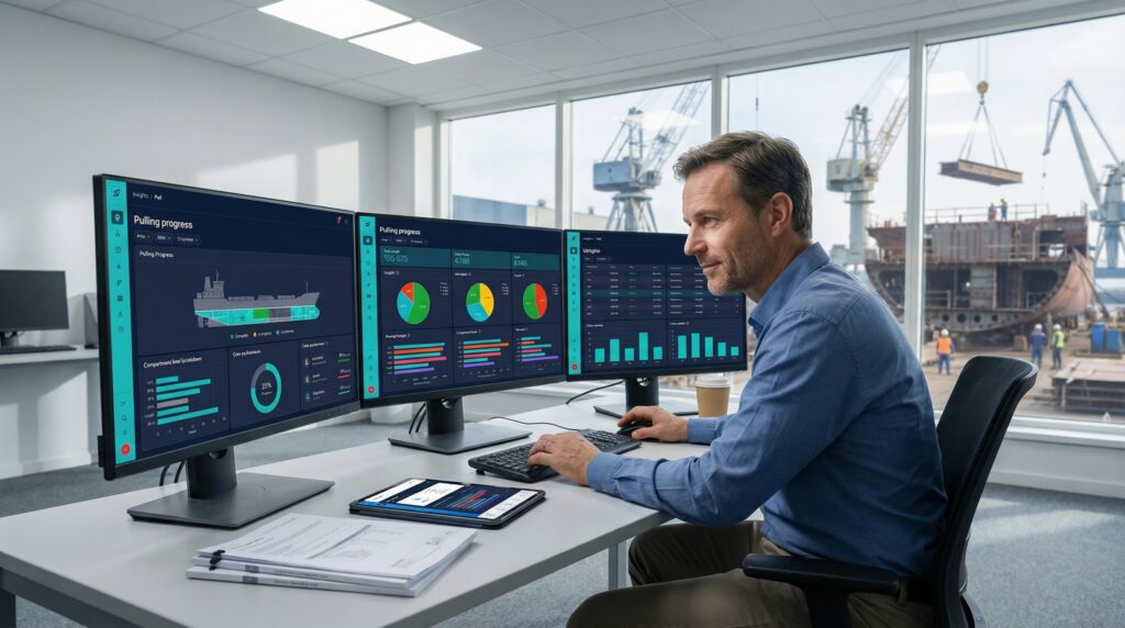 Project manager exercising supervisor visibility control through a real-time data capture dashboard enabled by field reporting automation.