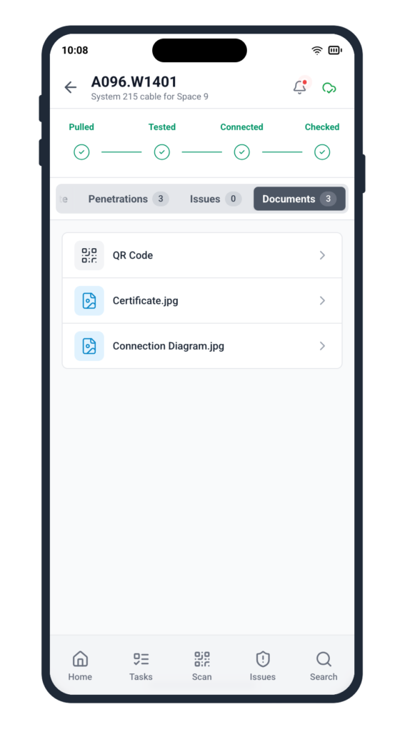 Cable Pilot mobile app cable detail screen showing all four workflow stages completed — Pulled, Tested, Connected, Checked — with Documents tab displaying Certificate.jpg and Connection Diagram.jpg for compliance handover