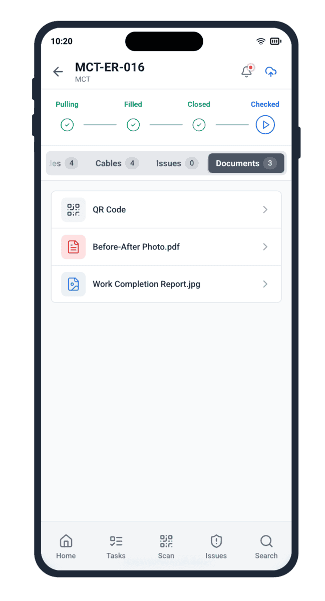 Shipbuilding electrical equipment management mobile app showing mounted stage and workflow tabs
