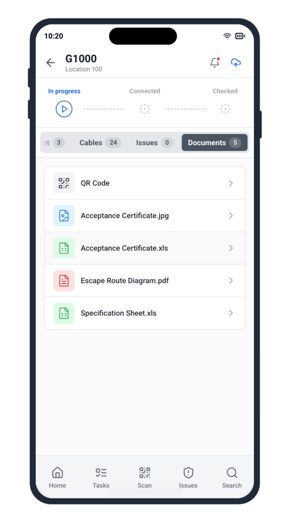 QR marking shipbuilding mobile app screen — Cable Pilot compartment detail with role-based task list