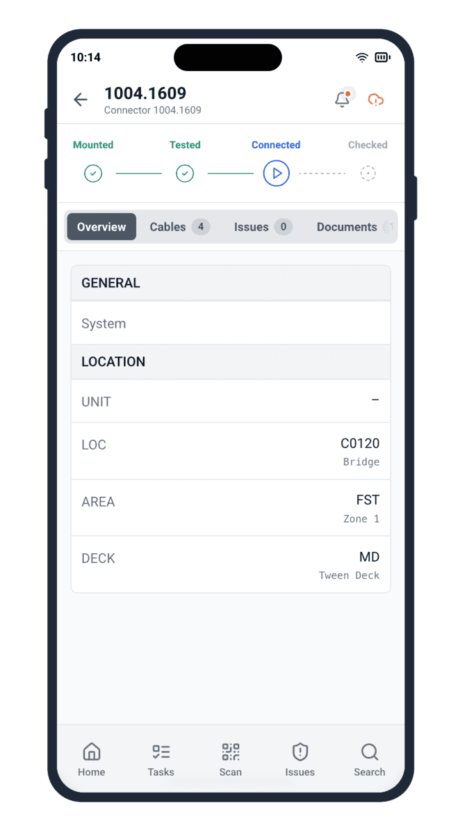 Cable Pilot shipyard smartphone app electrical connector detail with Connected stage active in workflow tracker
