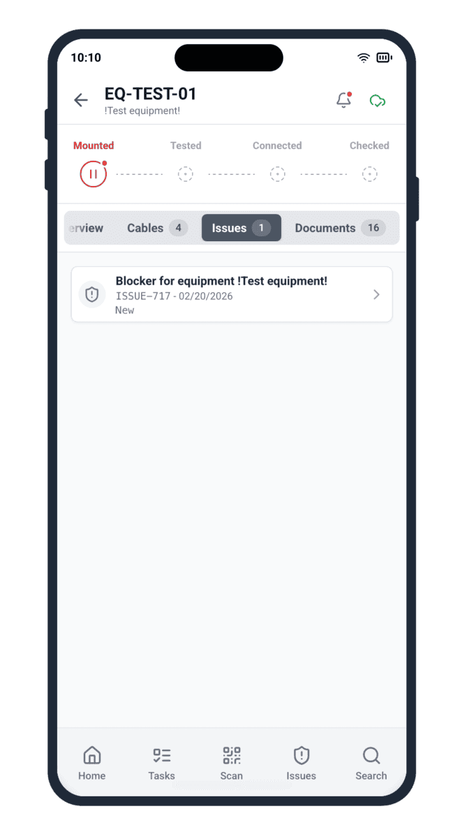 Shipyard equipment installation lifecycle blocker in Cable Pilot Issues tab pausing the four-stage stepper at Mounted stage