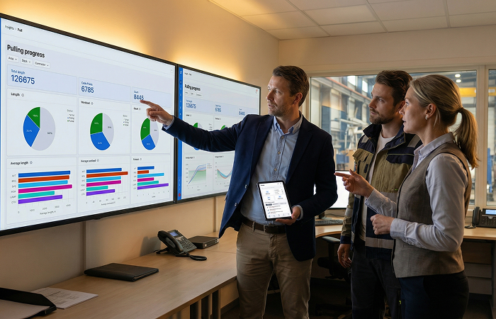 Project team reviewing Cable Pilot pulling progress dashboard on large screens in a shipyard office