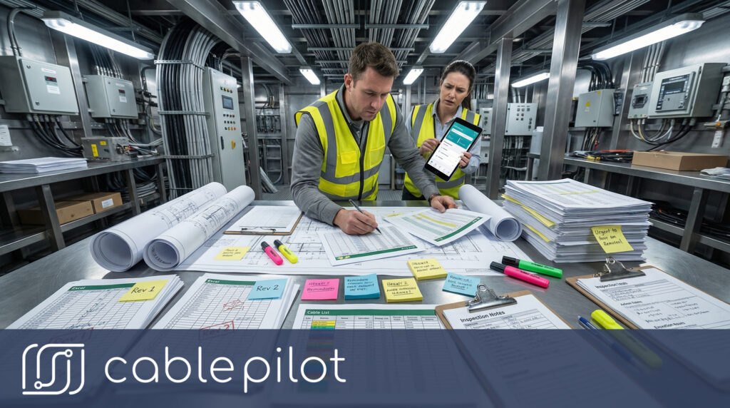 Shipyard workers surrounded by scattered cable list revisions and paper documents inside a vessel compartment - no cable documentation management