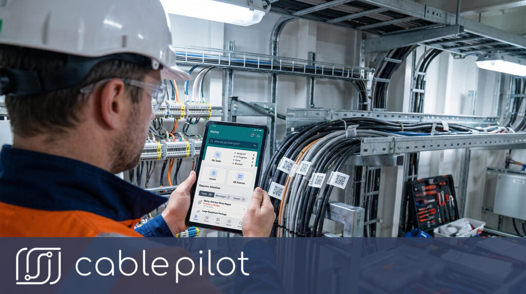 Electrician using Cable Pilot app to scan QR-coded cables and manage installation tasks on a vessel