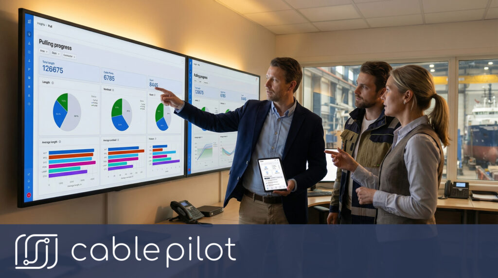 Project team reviewing Cable Pilot pulling progress dashboard on large screens in a shipyard office