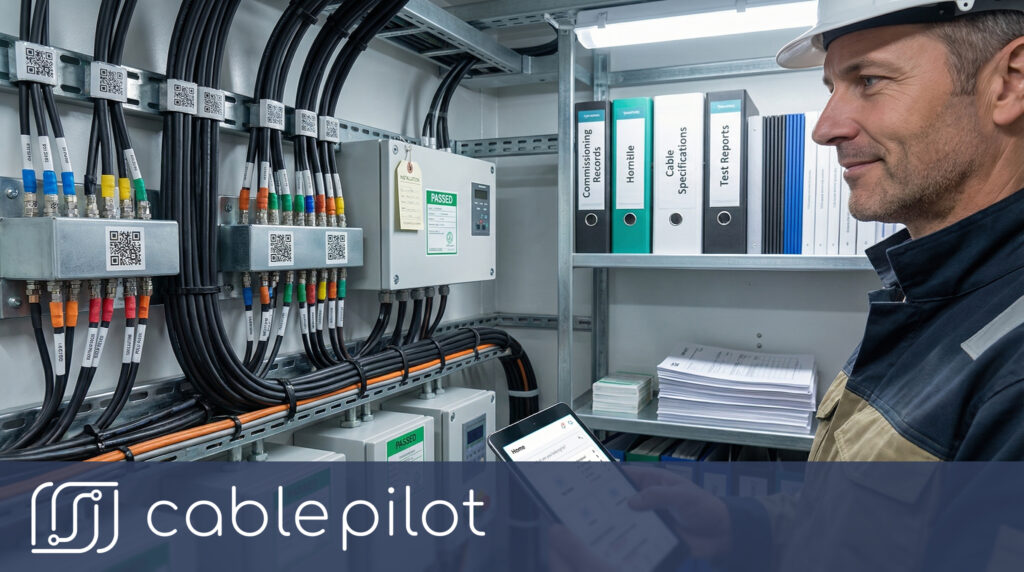 Electrician using Cable Pilot app to scan QR-coded cables and manage installation tasks on a vessel