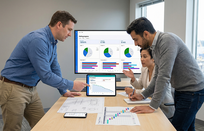 Project coordination team performing bottleneck detection and contractor tracking using live progress monitoring data visualized on a mobile digital dashboard.