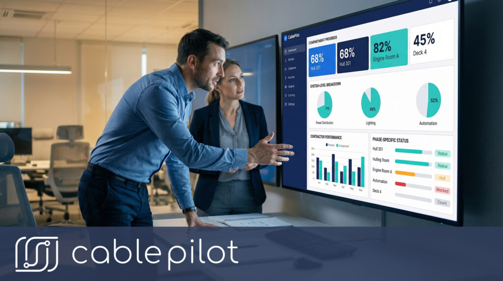 Project managers utilizing Shipyard Electrical Oversight Dashboards for instant electrical oversight and enhanced shipbuilding visibility to improve multi-contractor project coordination.