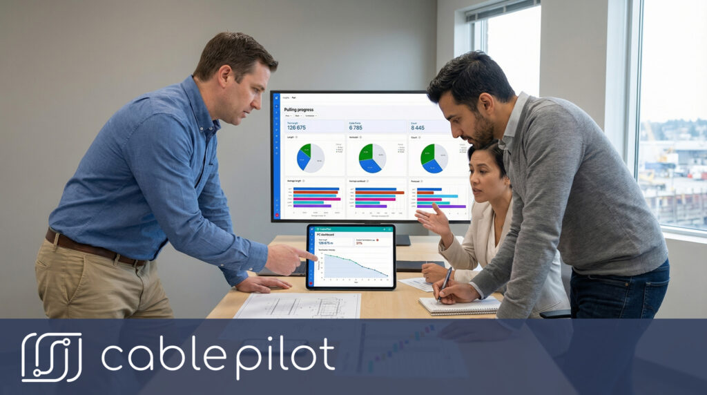 Project coordination team performing bottleneck detection and contractor tracking using live progress monitoring data visualized on a mobile digital dashboard.