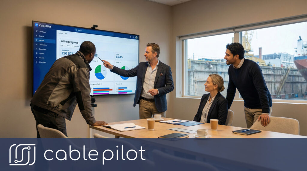 Shipyard stakeholders leveraging digital transparency and real-time dashboards to ensure quality assurance and streamlined project coordination during vessel construction.