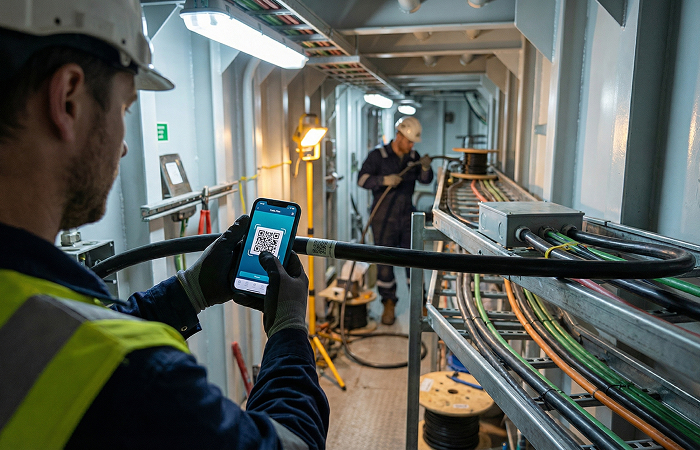 Shipyard electrician using a smartphone app to scan cable QR codes, ensuring electrical installation data integrity and real-time status updates.
