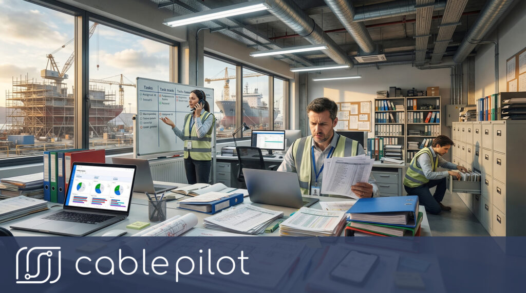 A cluttered shipyard project management office with scattered paper cable lists and engineering drawings, illustrating the data fragmentation that a cable data management platform resolves.