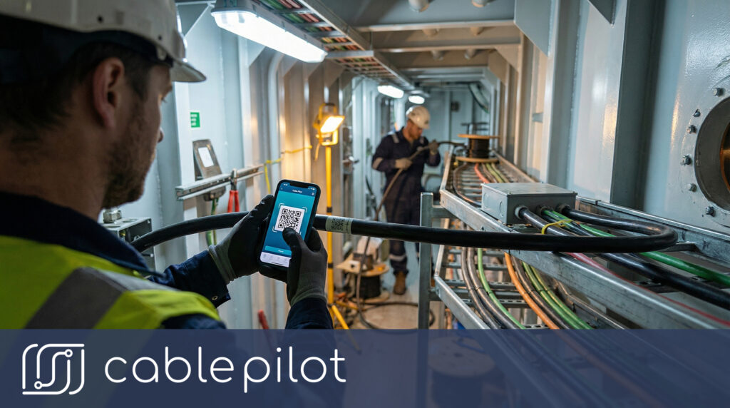 Shipyard project manager reviewing real-time electrical installation progress on Cable Pilot’s cable data management dashboard, showing digital twin status across compartments.