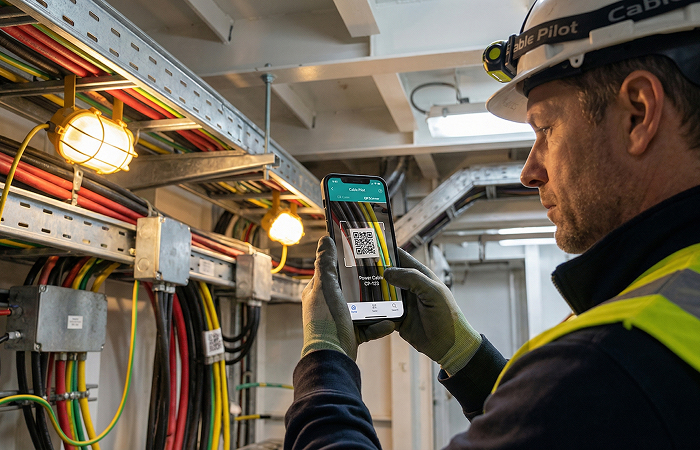 A technician scanning a QR code to update status via a mobile app, demonstrating the cable installation tracking benefits that reclaim productive time in shipbuilding projects.