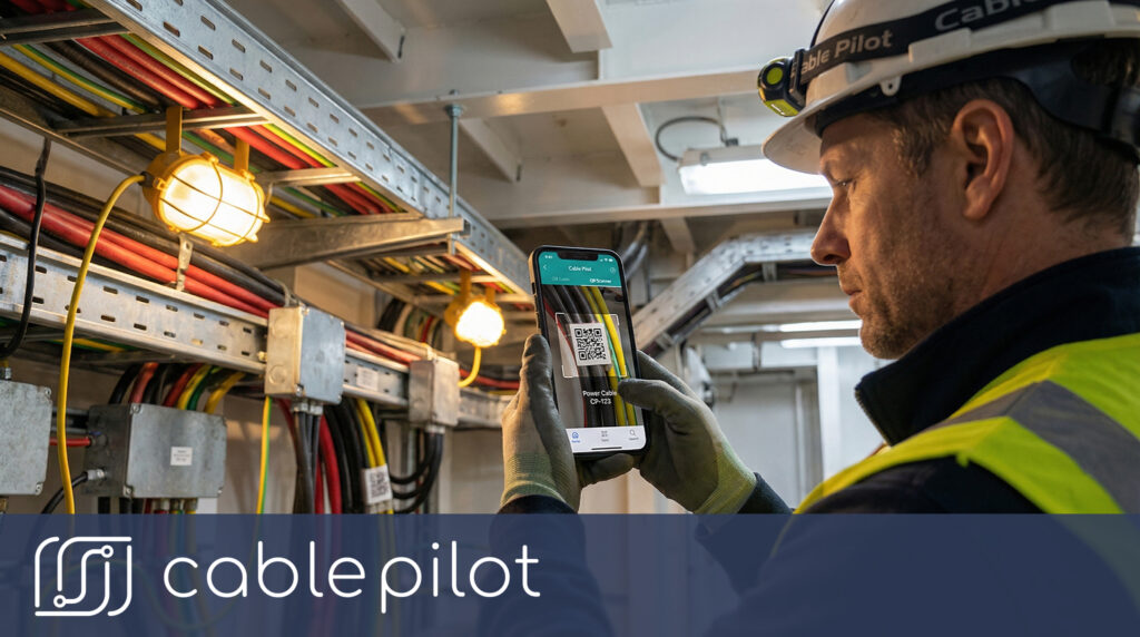 A technician scanning a QR code to update status via a mobile app, demonstrating the cable installation tracking benefits that reclaim productive time in shipbuilding projects.