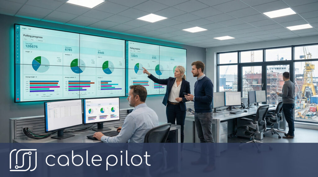 A project management control room utilizing shipyard electrical workflow digitization to provide a single source of truth and real-time visibility across all electrical contractors.