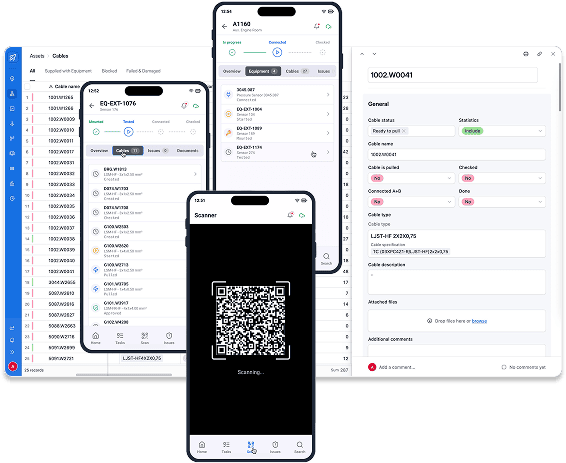 QR marking shipbuilding data collection — scanning QR codes on cables and equipment for live project updates