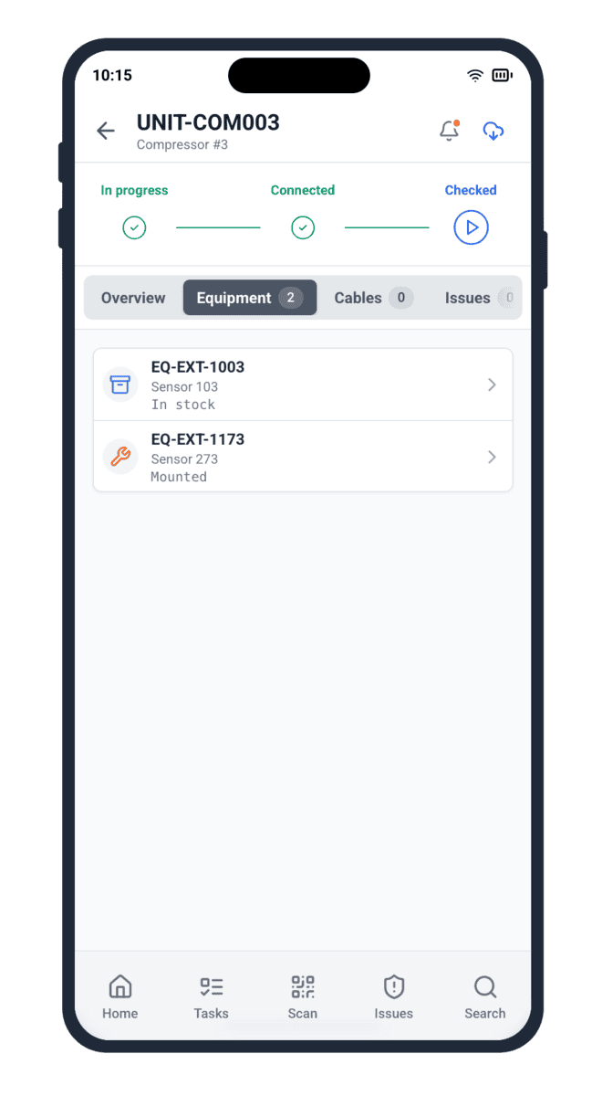 Shipyard equipment installation lifecycle stepper in Cable Pilot smartphone app tracking two equipment items from mounting through commissioning readiness
