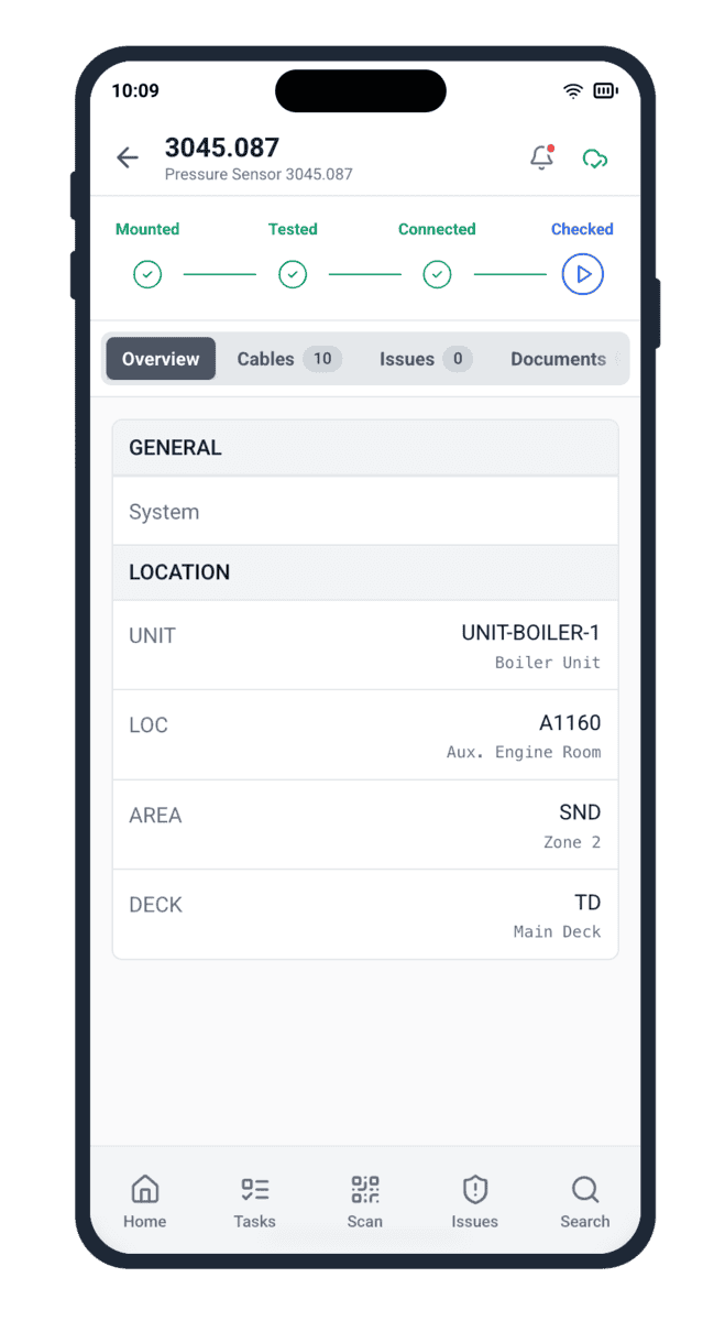 Shipyard equipment installation lifecycle stages completed through Checked in Cable Pilot app confirming commissioning readiness