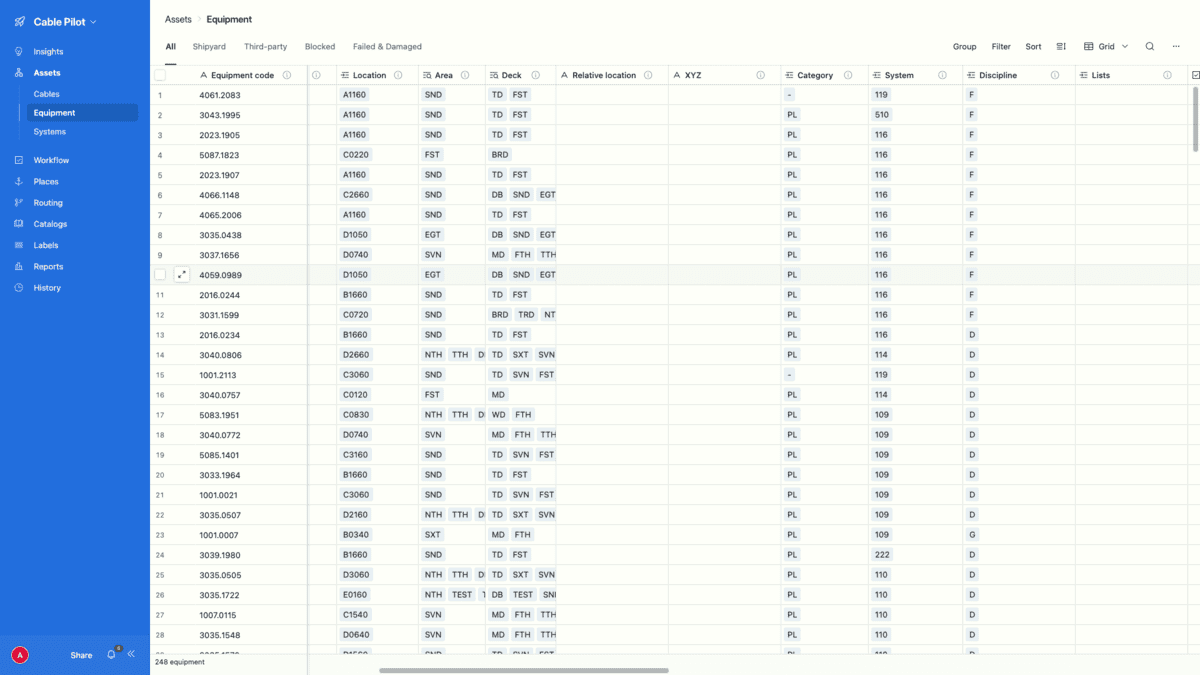 Equipment management shipbuilding electrical grid showing 248 assets with location and system columns