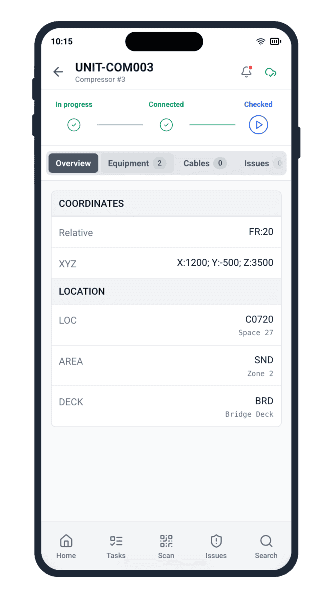 Cable Pilot mobile unit detail after AI cable list import — workflow stages and location coordinates mapped correctly
