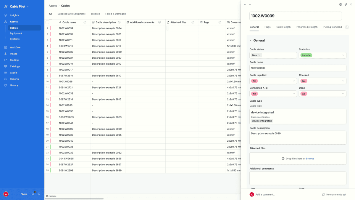 AI cable list import result in the Cable Pilot web app — cables list with detail panel showing cable status fields