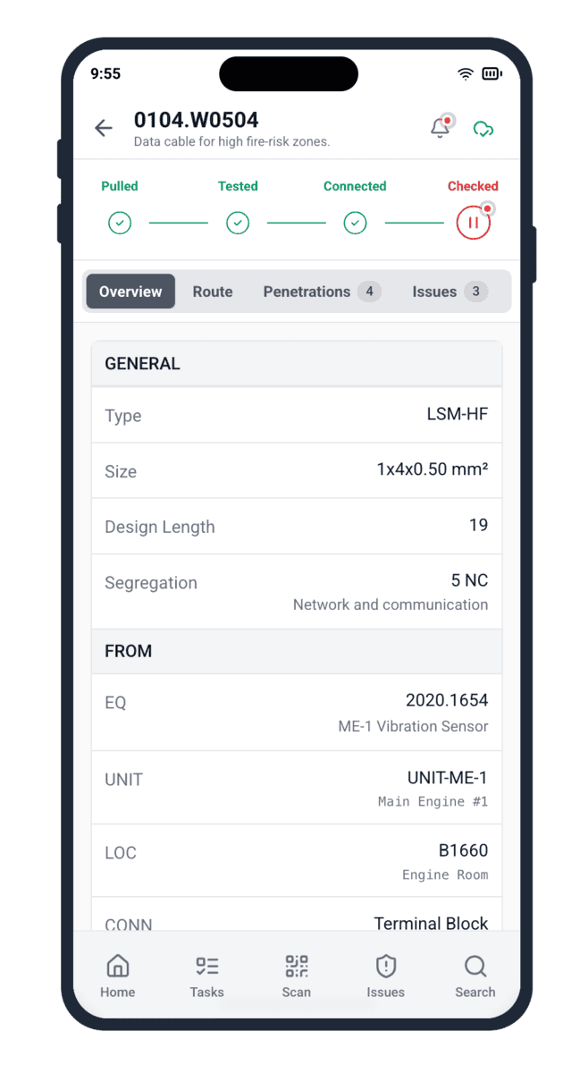 AI cable list import error flags on a Cable Pilot mobile cable detail — paused Checked stage and 3 open issues